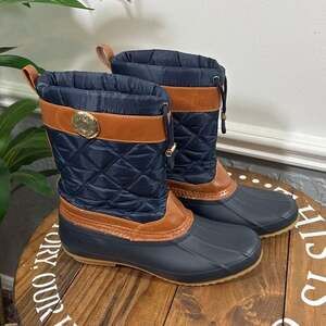 Tommy Hilfiger Arcadia Quilted Winter Duck Boots Navy Blue Brown - Sz 10